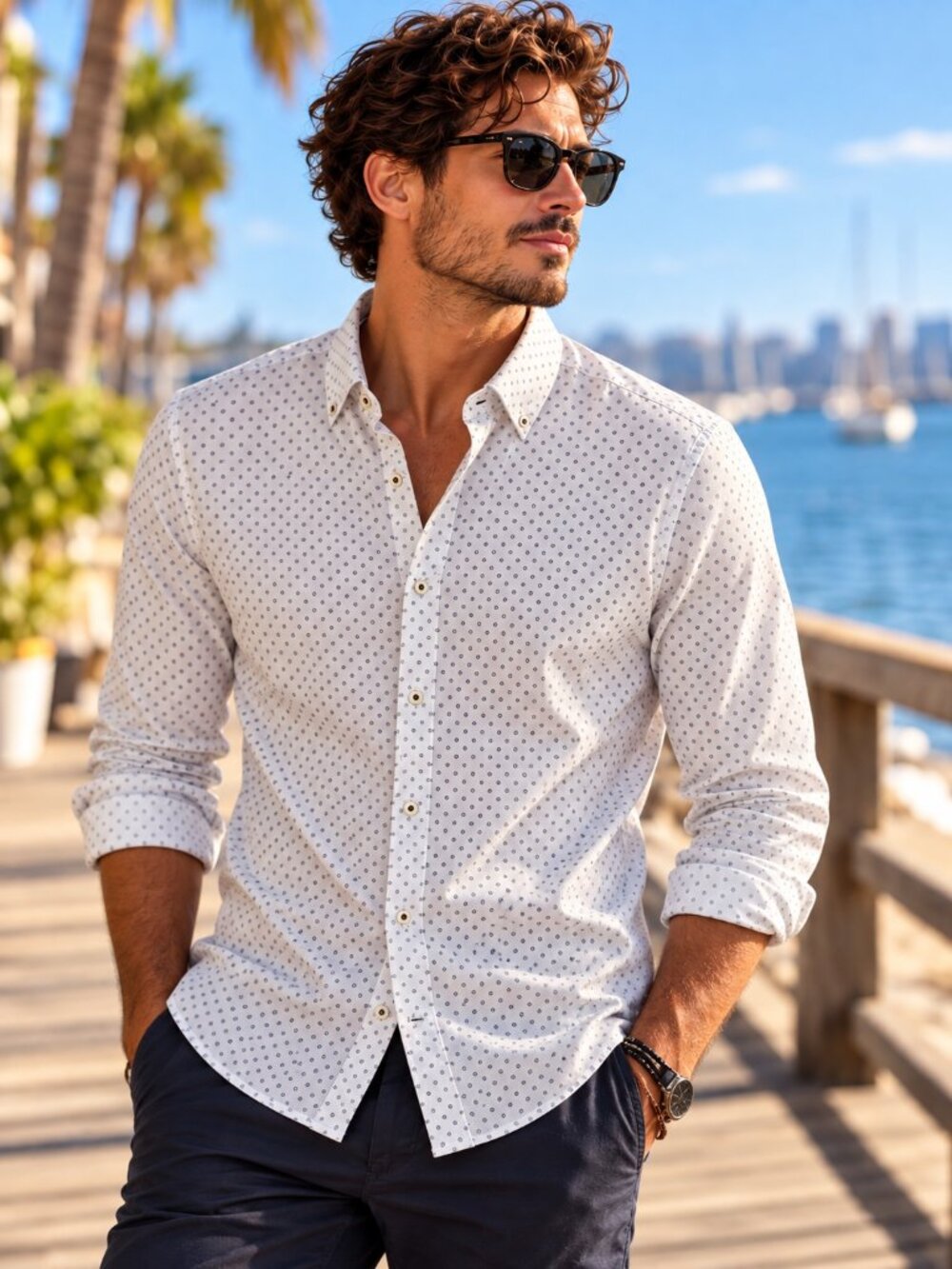 Zara Man Slim Fit White Navy Print Button Down Elbow Patch Shirt L
